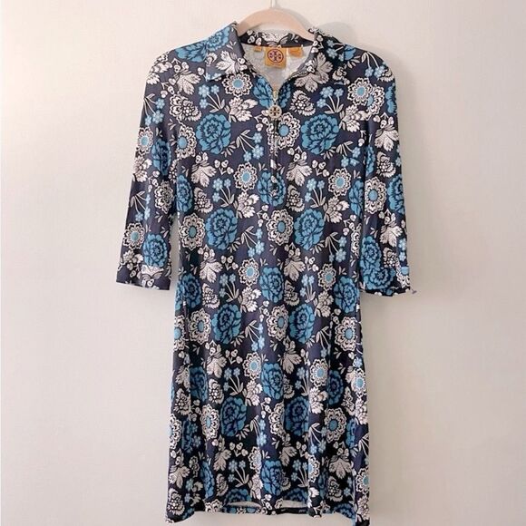 Tory Burch Silk Mini Dress Long Sleeves XS Blue Floral Chic Casual Classic $475 - Picture 1 of 5